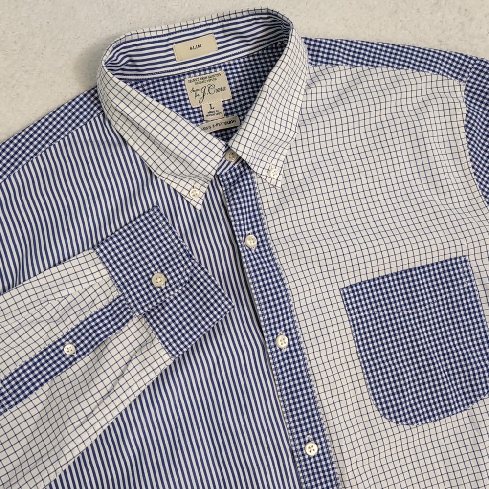 J. Crew 2 Ply Slim Fit Men L Button Down Shirt Blue Check Striped‎ Multi-pattern